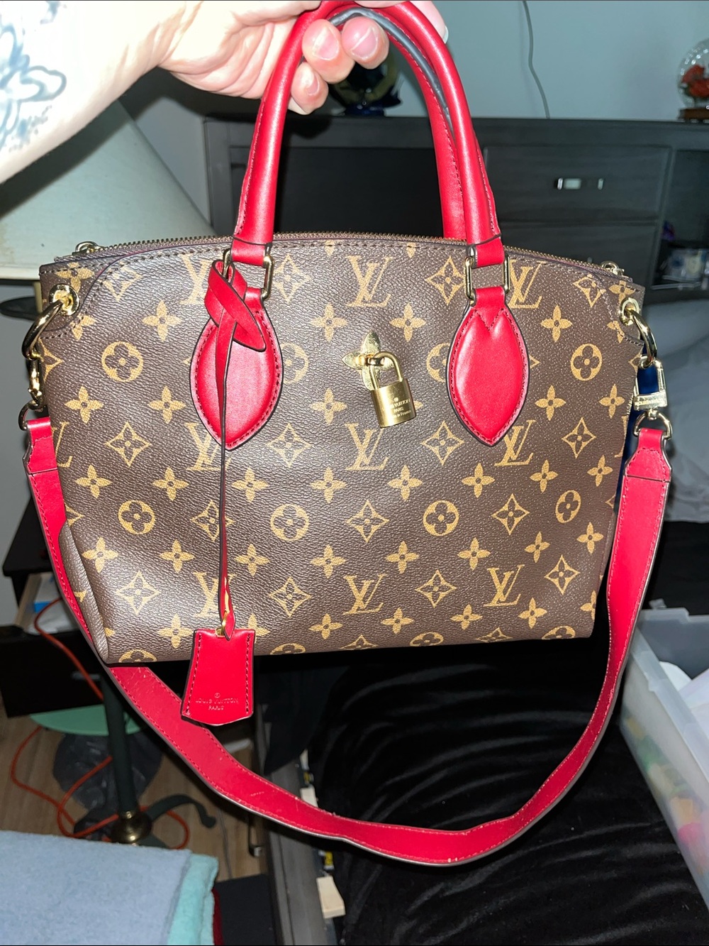 Louis Vuitton Brown Monogram Satchel with Red Trim and Strap